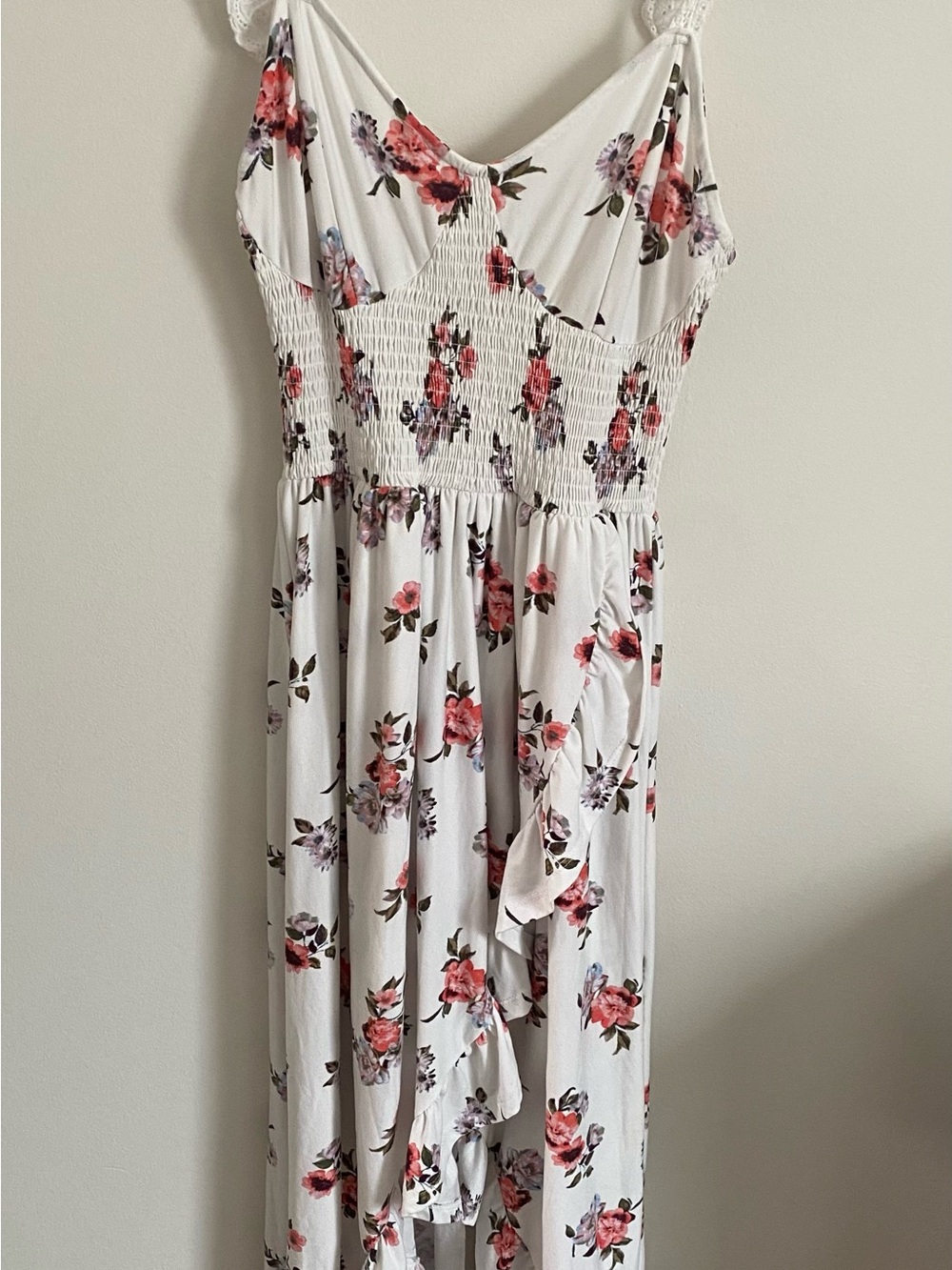 White Floral Smocked Maxi Dress with Rose Print and Adjustable Straps